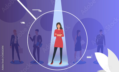 Woman under spotlight through magnifier glass. Employee, candidate, group of people. Human resource concept. Vector illustration can be used for topics like personnel selection, job search, recruiting