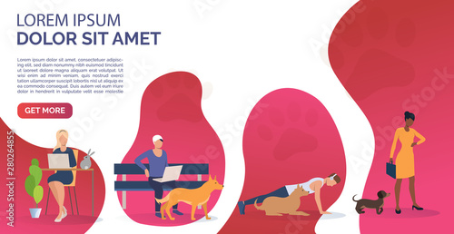 Pet owners relaxing and training. Fun, animal, friend concept. Presentation slide template. Vector illustration for topics like lifestyle, pet care