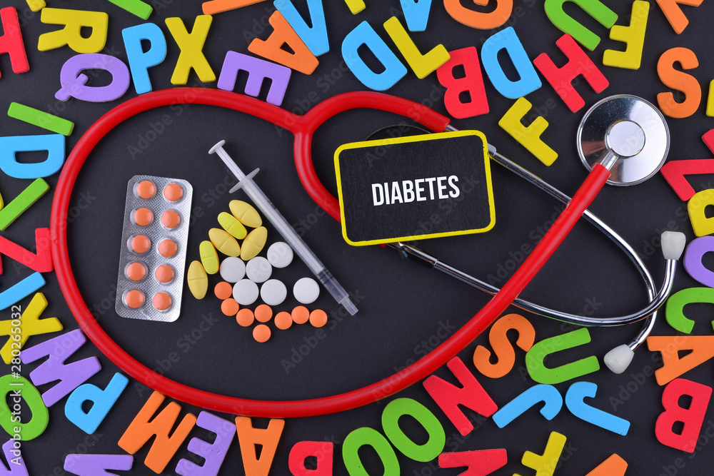 Pills, Syringe and Stethoscope with alphabet and text Diabetes