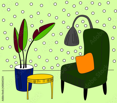 Hand drawn home interior sketch with armchairs, flower in a pot and lamp. Colored illustration photo