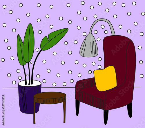 Hand drawn home interior sketch with armchairs, flower in a pot and lamp. Colored illustration photo