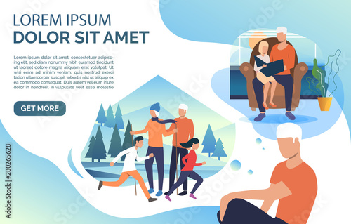Set of man thinking of weekend with family. Male cartoon character and his memories. Vector illustration for promotion, banner, mobile app