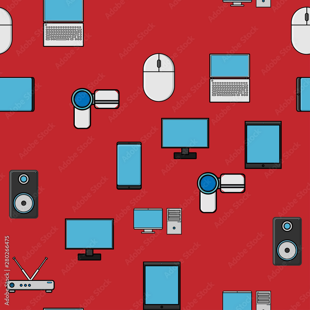 Seamless pattern, texture from modern digital devices, gadgets, tablets, smartphones, mice, speakers, monitors, laptops, routers for internet, computer equipment on a red background. Vector