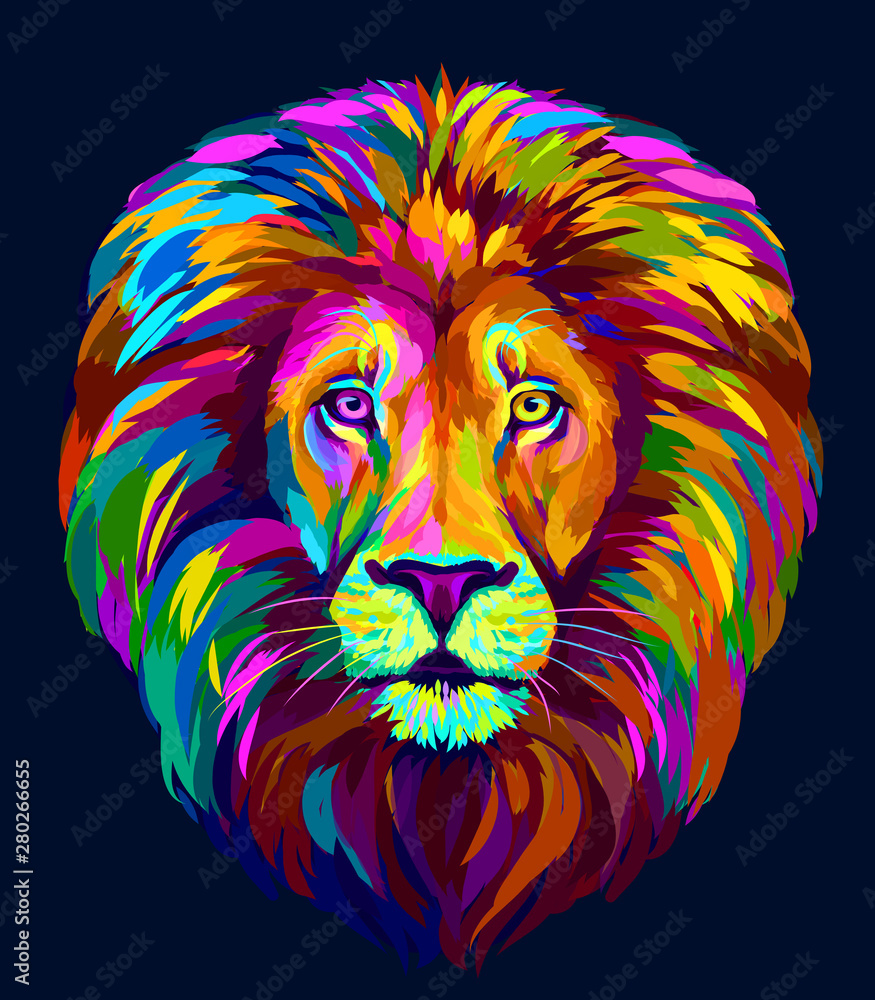 Lion. Abstract, multi-colored portrait of a lion's head on a blue background in pop-art style.