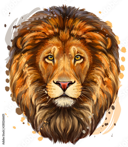 Lion. Artistic, color profile portrait of a lion's head on a white background with watercolor splashes.