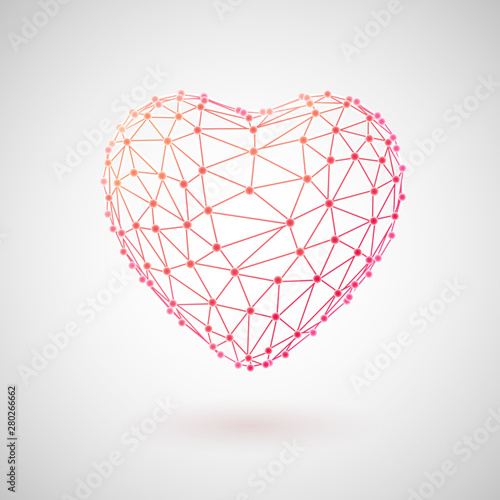 Concept of medical technology and healthcare. Red 3D polygonal wireframe heart. Medicine technology background. Abstract polygonal heart. Valentine day greeting postcard. EPS 10, vector illustration.