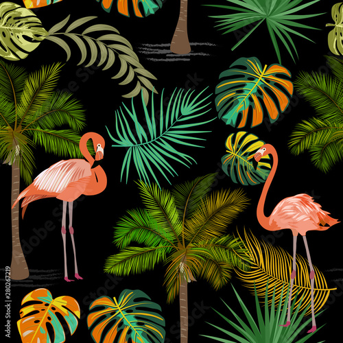 Vector tropical jungle seamless pattern with flamingo  palm trees