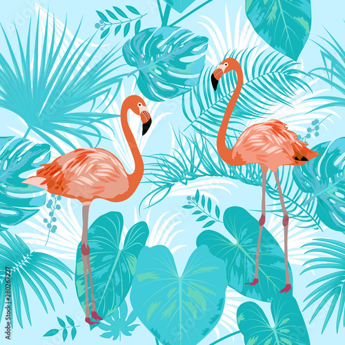 Tropical vector seamless pattern  blue branches and flamingo. Botany design.