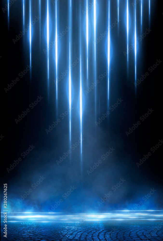 Empty street scene background with abstract spotlights light. Night view of street light reflected on water. Rays through the fog. Smoke, fog, wet asphalt with reflection of lights. Empty street scene background with abstract spotlights light. Night view of street light reflected on water. Rays through the fog. Smoke, fog, wet asphalt with reflection of lights.