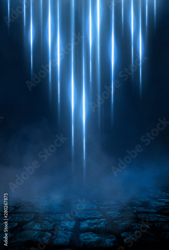Empty street scene background with abstract spotlights light. Night view of street light reflected on water. Rays through the fog. Smoke, fog, wet asphalt with reflection of lights.  © MiaStendal