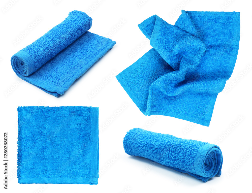 Collection of blue towels on isolated white background Collection of blue towels on isolated white background