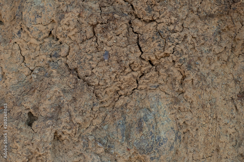 Brown texture of a dirt road. Abstract cracks on the soil surface.