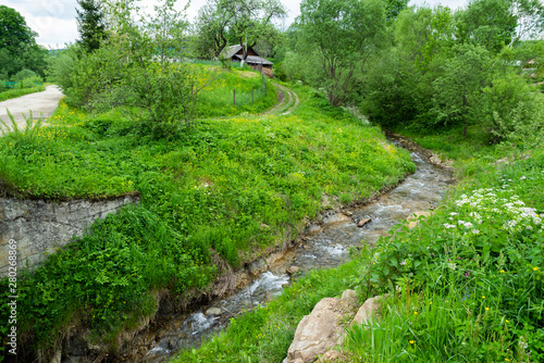 Fototapeta Naklejka Na Ścianę i Meble -  mountain river in the village in the Ukrainian Carpathians