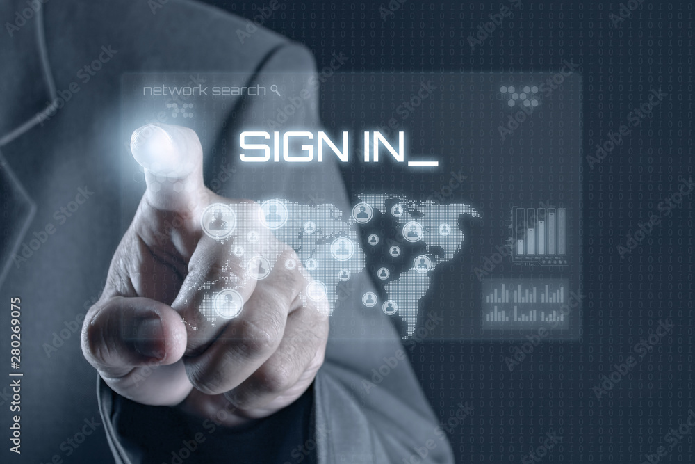 Business man pointing to virtual screen. Business & Technology Concept Business man pointing to virtual screen. Business & Technology Concept