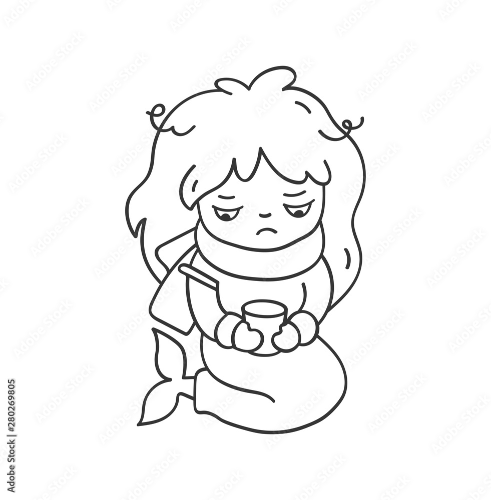 Sick sad mermaid with a thermometer and scarf. Cute cartoon character for emoji, sticker, pin, patch, badge. Vector outline illustration.