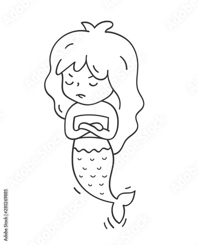 Offended mermaid. Cute cartoon character for emoji, sticker, pin, patch and badge. Vector outline illustration.