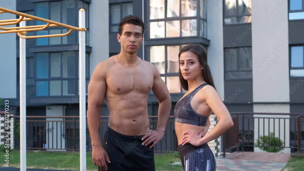 Portrait man and woman after fitness exercise at the gym outdoors. Portrait man and woman after fitness exercise at the gym outdoors.