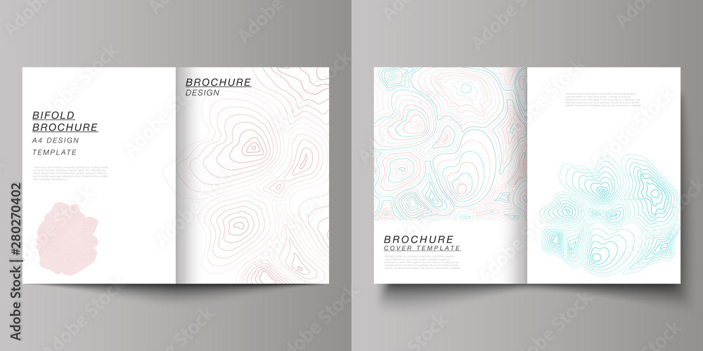 The vector layout of two A4 format modern cover mockups design templates for bifold brochure, magazine, flyer, booklet, annual report. Topographic contour map, abstract monochrome background.