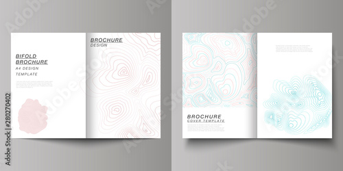 The vector layout of two A4 format modern cover mockups design templates for bifold brochure  magazine  flyer  booklet  annual report. Topographic contour map  abstract monochrome background.