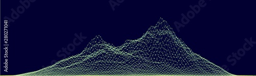 Vector abstract composition made of particles and wireframe. Concept design of digital landscape, data array, signal