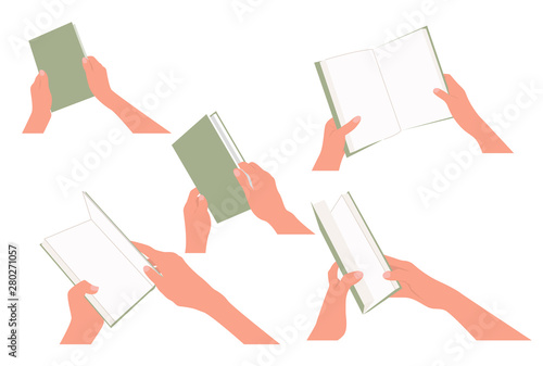 Book in hand. Different hand poses holding a book. learning concept. Flat vector illustration