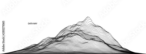 Vector abstract composition made of particles and wireframe. Concept design of digital landscape, data array, signal
