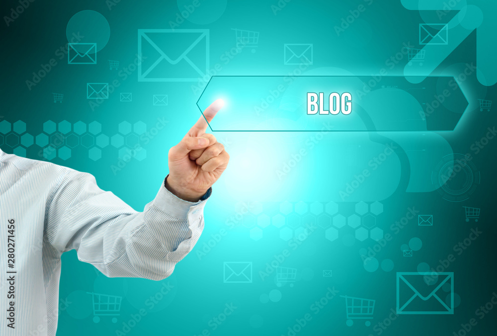 Obraz premium Business man touch a button on an imaginary screen with text BLOG