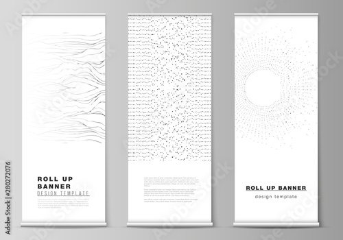 The vector illustration layout of roll up banner stands, vertical flyers, flags design business templates. Trendy modern science or technology background with dynamic particles. Cyberspace grid.