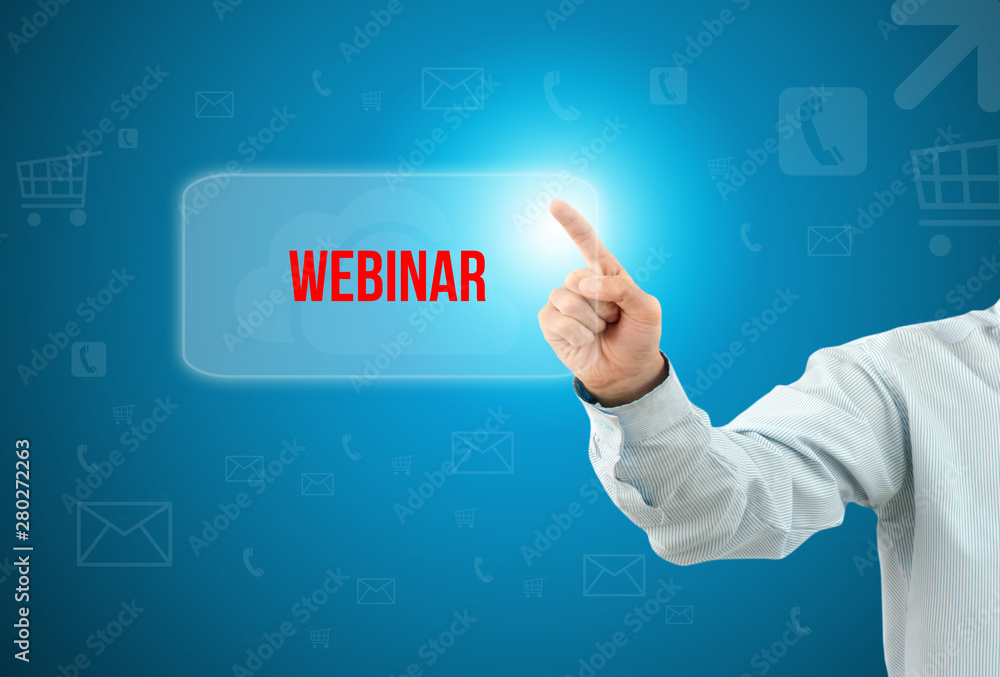 Business man touch a button on an imaginary screen. ONLINE EDUCATION CONCEPT Business man touch a button on an imaginary screen. ONLINE EDUCATION CONCEPT