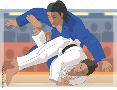judo competition with two female athletes in take down with audience in the background