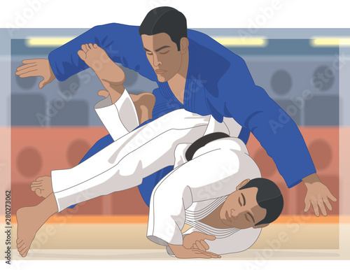 judo competition with two male athletes in take down with audience in the background