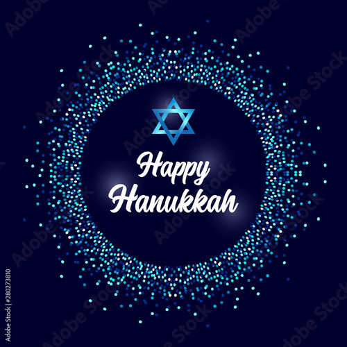 Luxury Festive Happy Hanukkah background with sparkles and glittering effect and lettering, can be used as greeting card, banner, poster or flyer design