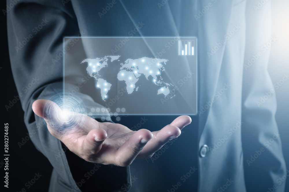 business man and hand holding world map of data and information network business man and hand holding world map of data and information network