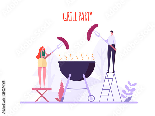 Barbecue party concept. Man and Woman at a picnic cooking a barbecue grill outdoors. Barbecue party cards or posters with picnic on white background. Vector illustration.