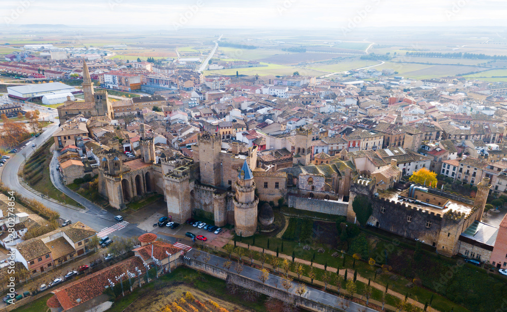 Aerial view of Olite with Palace of Kings of Navarre, Spain