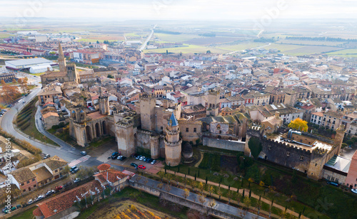 Aerial view of Olite with Palace of Kings of Navarre, Spain