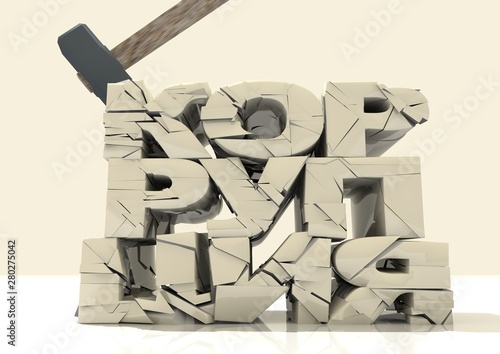 3D rendering. The hammer breaks the white Stone inscription of the word 