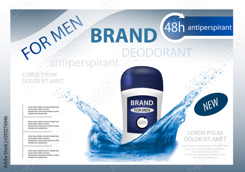 Long-lasting deodorant antiperspirant for men with water splash. Package design or poster, advertising. 3d realistic vector.