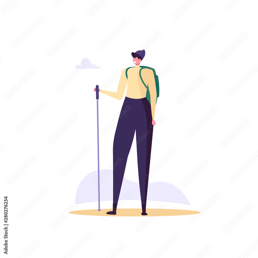 Concept of adventure, hiking, vacation and tourism. Man wearing casual clothes, hat and hiking backpack. Isolated man standing with camping backpack. Vector illustration in flat cartoon design Concept of adventure, hiking, vacation and tourism. Man wearing casual clothes, hat and hiking backpack. Isolated man standing with camping backpack. Vector illustration in flat cartoon design