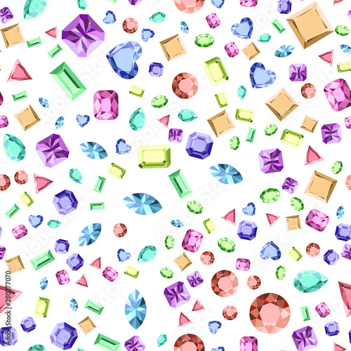 Beautiful gems seamless pattern, design for jewelry shops. Fashion crystal diamond jewelry pattern. Seamless vector texture with diamonds. Crystal diamond. Gems background for decoration design.