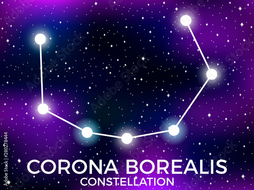 Corona Borealis constellation. Starry night sky. Zodiac sign. Cluster of stars and galaxies. Deep space. Vector illustration