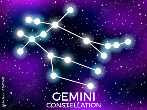 Gemini constellation. Starry night sky. Cluster of stars and galaxies. Deep space. Vector illustration