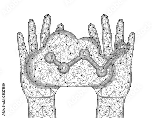 Human hands and cloud analytics low poly design, data analysis in polygonal style, graph wireframe vector illustration made from points and lines on a white background