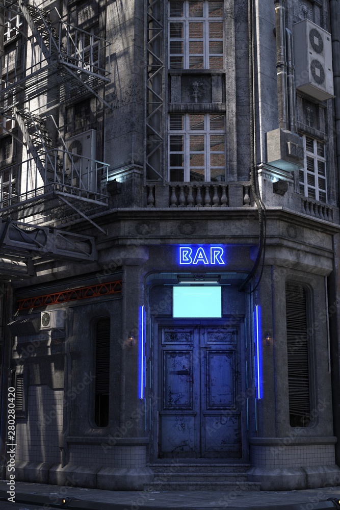 Photorealistic 3d illustration of the futuristic city. Wallpaper in the style of cyberpunk. Bar with closed doors and a luminous neon sign. Grunge cityscape.