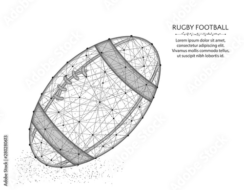 Rugby ball low poly design, Sport game abstract graphics, American football polygonal wireframe vector illustration made from points and lines on a white background