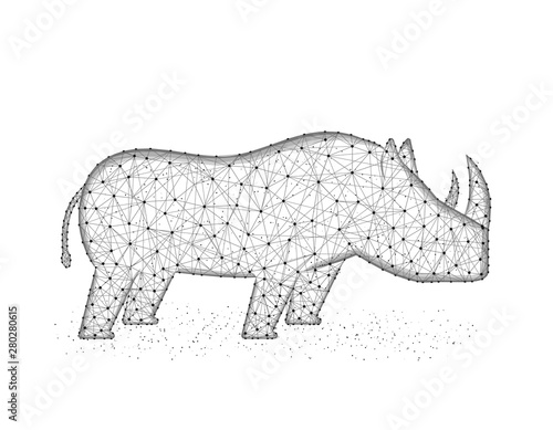 Rhinoceros low poly design, African animal abstract graphics, solitary mammals polygonal wireframe vector illustration made from points and lines on a white background