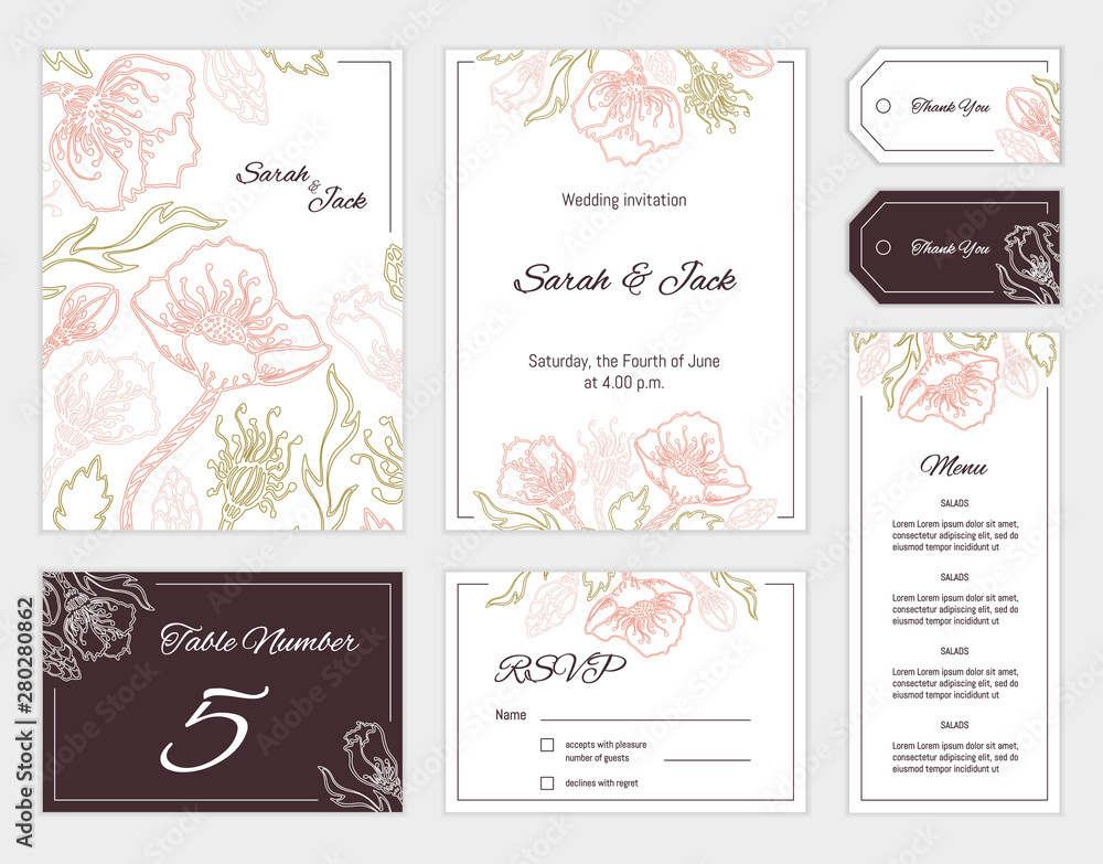 Set of wedding templates with flowers including different cards. RSVP, Thank You, Menu, Reception details invitation and reminder notice
