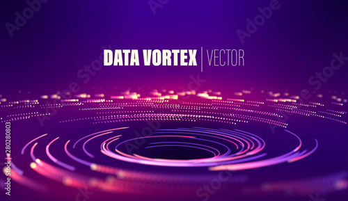 Geometric circle background. Bright color. Light trail. Particles swirl circle