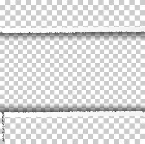 Straight Ripped Paper Border with Shadows Isolated on Transparent Background. Realistic Horizontal Paper Edge