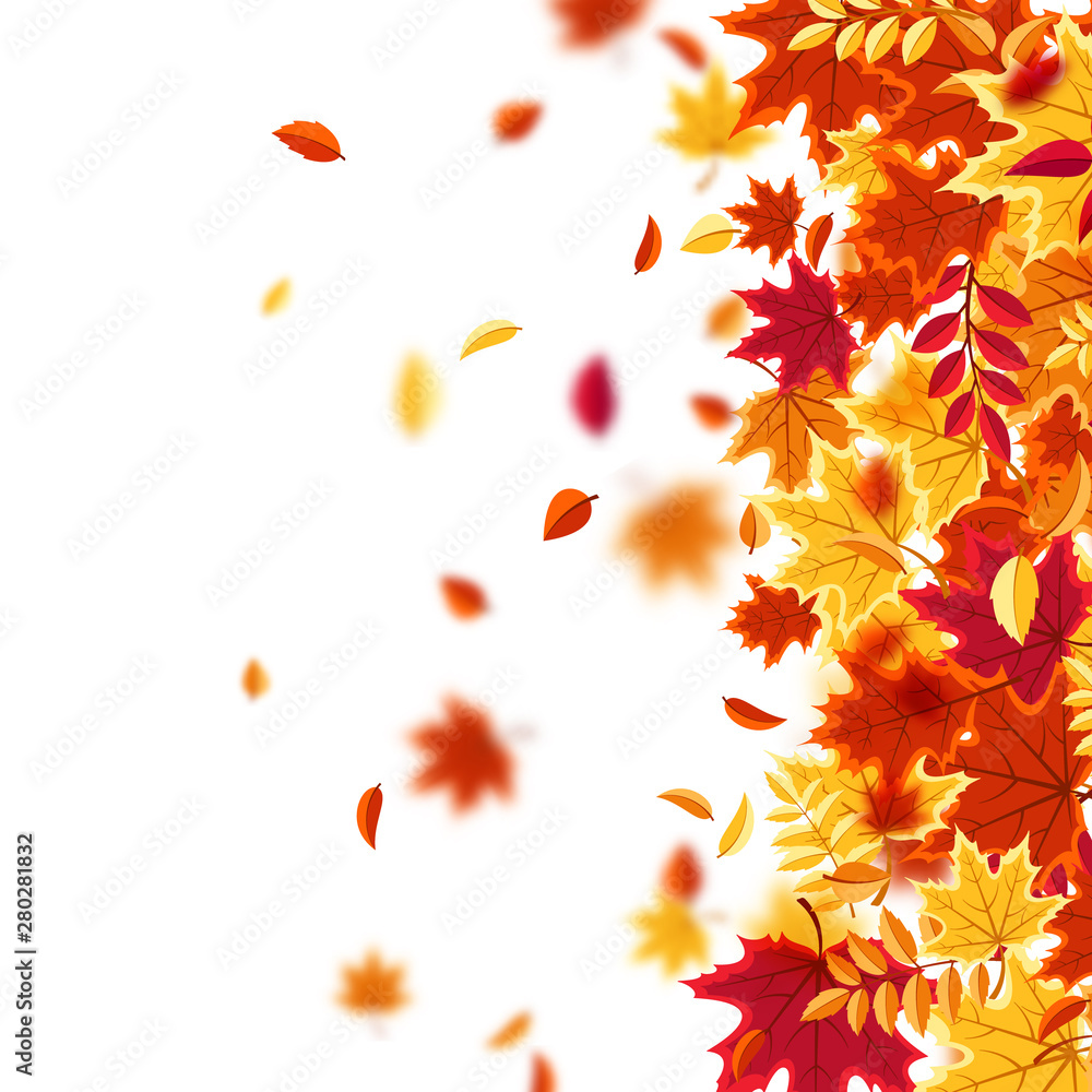 Autumn falling leaves. Nature background with red, orange, yellow foliage. Flying leaf. Season sale. Vector illustration. Autumn falling leaves. Nature background with red, orange, yellow foliage. Flying leaf. Season sale. Vector illustration.